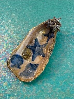 Handmade Oyster Shell Trinket Dish with Blue Starfish Design